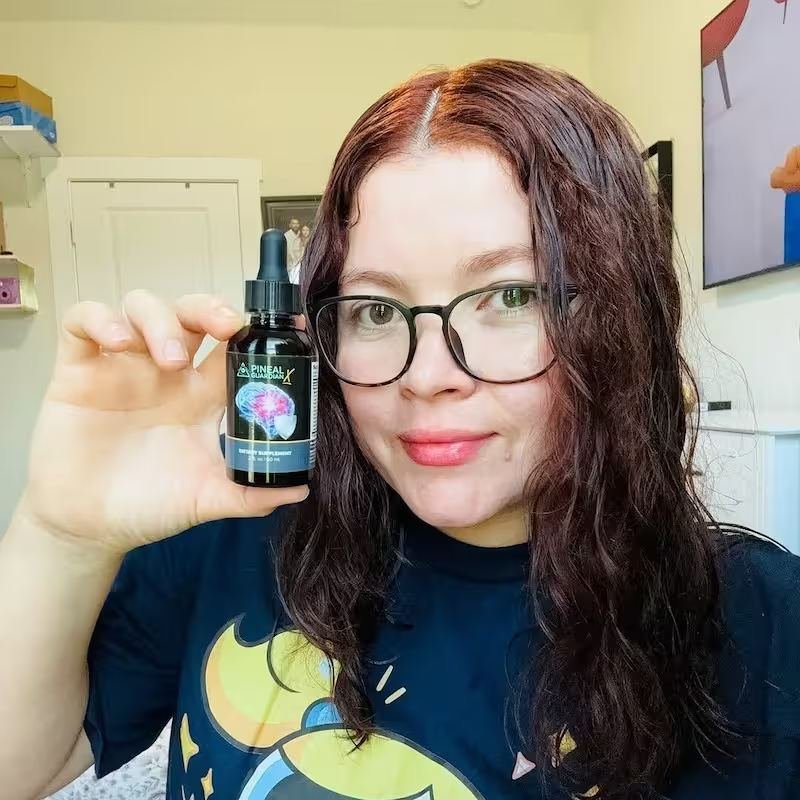 Woman sharing Pineal Guardian X cognitive wellness and evening routine experience